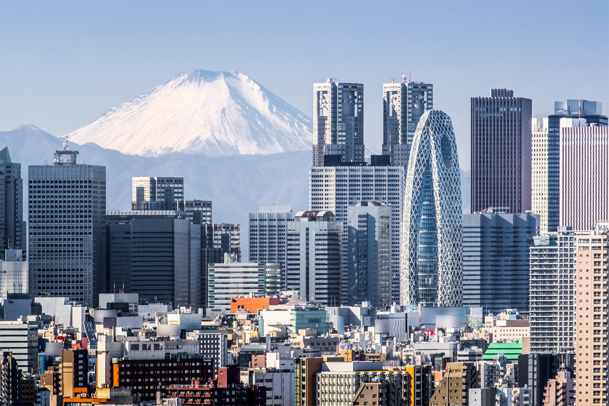 tokyo shinjuku building and mt. fuji at behind